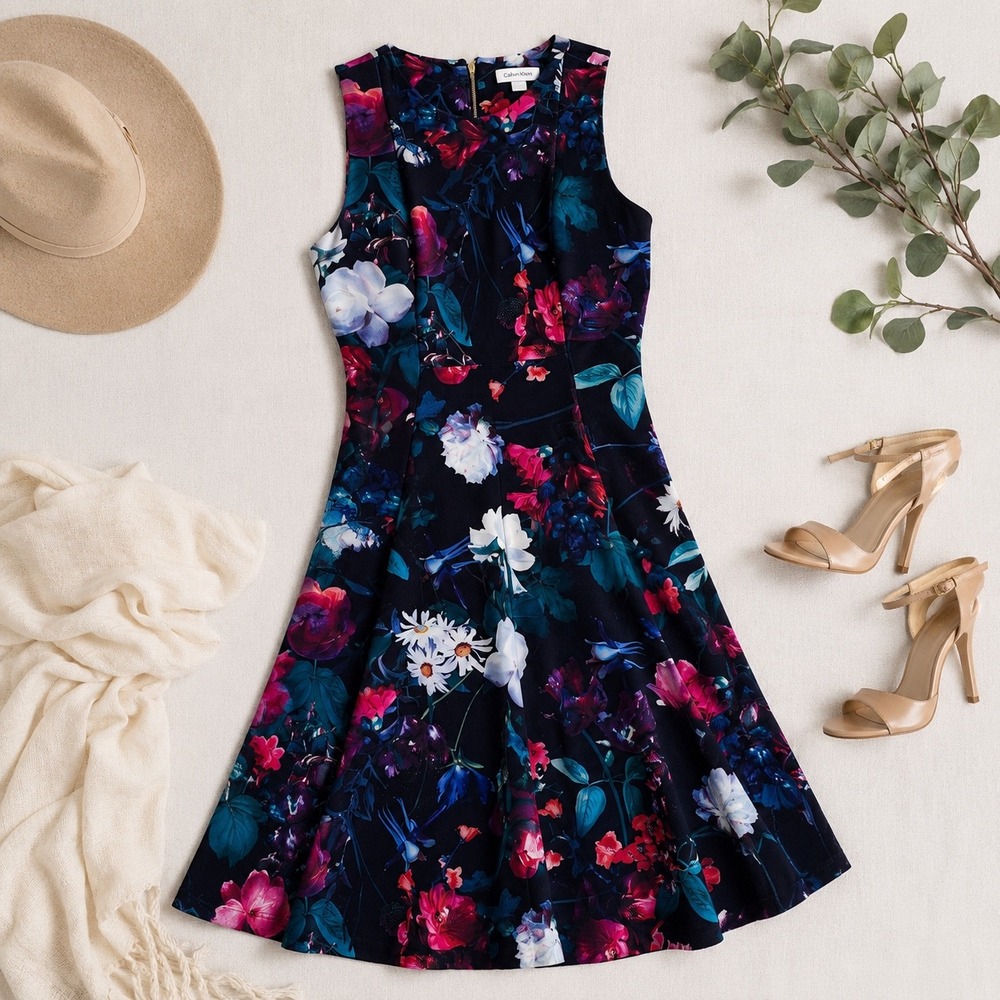 Calvin Klein Fit and Flare Dress Womens 4 Black Floral Scuba CD8MBS1X Cocktail